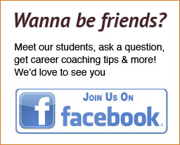 Text on the graphic says Wanna be friends? Meet our students, ask a question, get career coaching tips and more! We'd love to see you. Join us on Facebook.