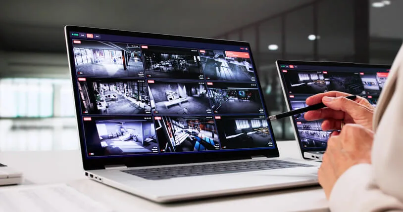 A security professional monitors cameras and access control systems.
